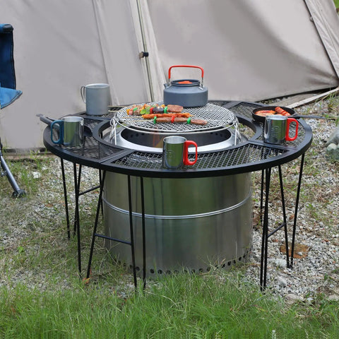Portable Fire Pit Surround Tabletop for Solo Stove Bonfire Ranger Folding Iron Smokeless Round Fire Pit Table with mugs and food