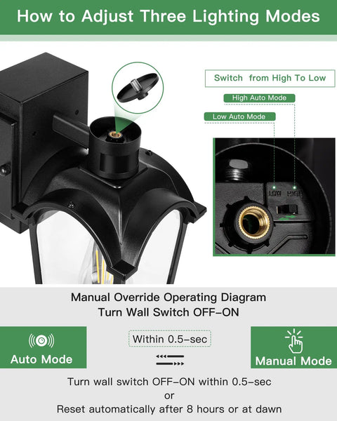 Diagram showing how to adjust three lighting modes on Two Pack Porch Lights With GFCI Outlet, Dusk To Dawn Outdoor Wall Lights