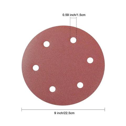 Ultimate 9 Inch 40 Pcs Hook Loop Sandpaper Discs With Six Dust Venting Holes For Rapid Peel And Switch wood metal sanding jobs, showing dust vent holes.