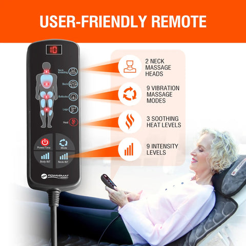 Woman using Full Body Massage Mat With Heat And Shiatsu Vibration, showing user-friendly remote control with 9 modes and intensity levels.