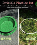 Before and after of Invisible Planting Pot showing green insert and blend with lawn environment.