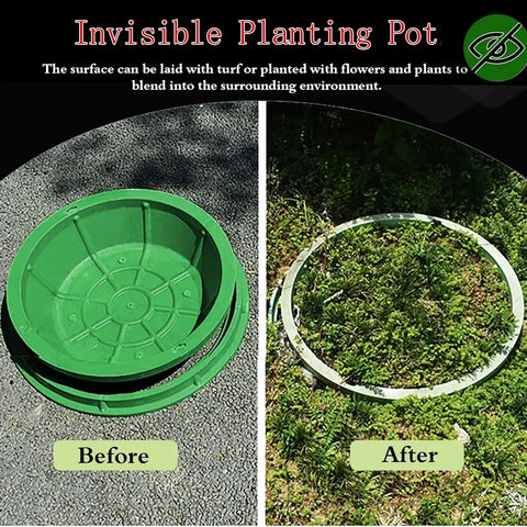 Before and after of Invisible Planting Pot showing green insert and blend with lawn environment.