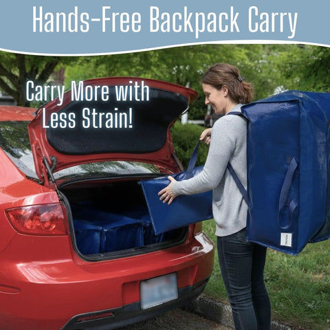 Person loading Heavy Duty Moving Bags Eight Pack With Backpack Straps And Sturdy Zippers And Handles into car trunk
