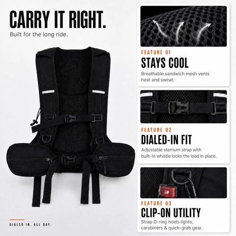 Back view of hydration backpack with breathable mesh, adjustable sternum strap, and waist pockets for mountain biking and hiking.