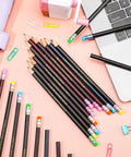 40 Pieces Motivational Color Changing Mood Pencils With Erasers For Back To School Kids Students Classroom Gifts Bible Verse Messages And Positive Sayings Thermochromic Pencils on desk next to laptop and stationery.