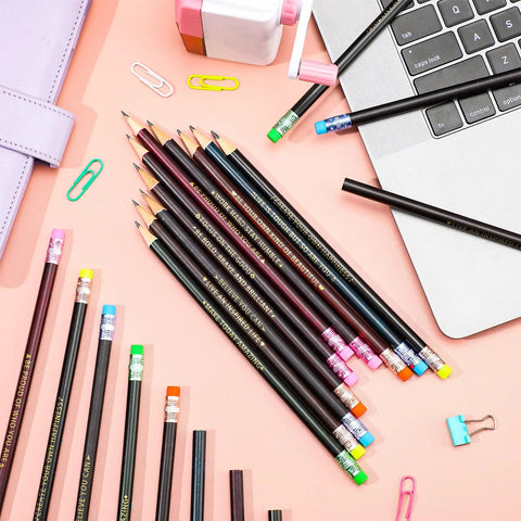 40 Pieces Motivational Color Changing Mood Pencils With Erasers For Back To School Kids Students Classroom Gifts Bible Verse Messages And Positive Sayings Thermochromic Pencils on desk next to laptop and stationery.