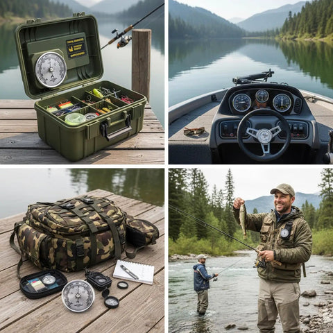 High Precision Indoor Barometer For Home Weather Tracking And Fishing Prep Easy Read Dial Gauge shown in fishing scenarios