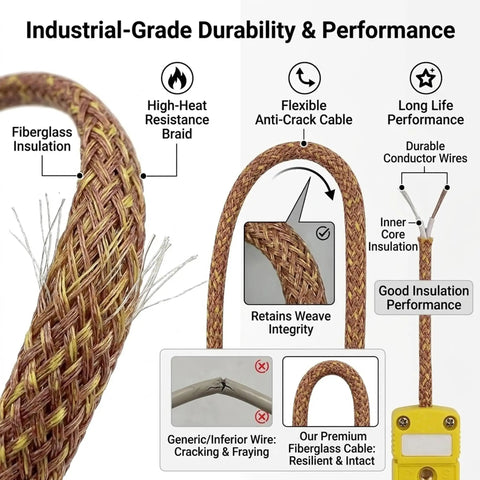 K Type Thermocouple Probe With 2 Pin Flat Mini Connector And 78 Inch Fiberglass Insulated Lead Ready To Roll Temperature Sensor For -58F To 752F Range Compatible With Most K Type Thermometers Controllers And Data Loggers fiberglass braid close-up