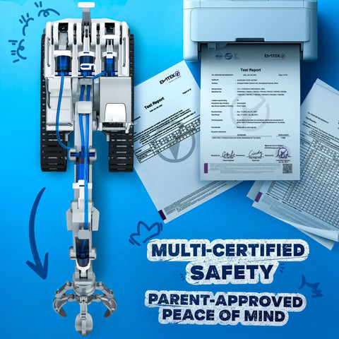 Hydraulic Robot Arm Science Kit for Kids 8 To 12 137 Pcs STEM Toy No Batteries Needed Hands On Engineering Crane Construction Vehicle Gift Idea Great Gift For Curious Builders And Future Engineers with safety certifications and documents displayed.