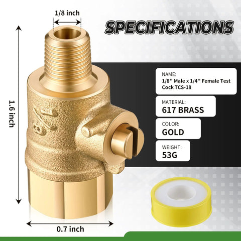 Two Pack 1/8 Inch Male To 1/4 Inch Female Test Cock Kit With Brass Body And PTFE Sealant Tape Leak Proof Backflow Valve