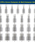 Pro Grade 25 Piece Heavy Duty Screw Extractor Set displayed with size labels and laser-etched details in CR-Mo steel.