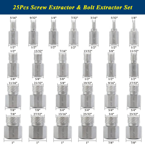 Pro Grade 25 Piece Heavy Duty Screw Extractor Set displayed with size labels and laser-etched details in CR-Mo steel.