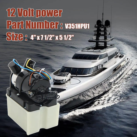 12V Marine Hydraulic Power Unit For Trim Tabs On Yachts And Boats Easy Install HPU Pump For Boat Trim Tabs High Pressure Hydraulic System To Raise And Lower Tabs displayed on a yacht background
