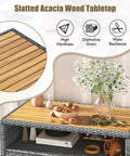Rattan Storage Cabinet With Acacia Wood Countertop For Patio Or Garden, featuring slatted acacia wood tabletop with decorative items