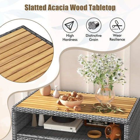 Rattan Storage Cabinet With Acacia Wood Countertop For Patio Or Garden, featuring slatted acacia wood tabletop with decorative items