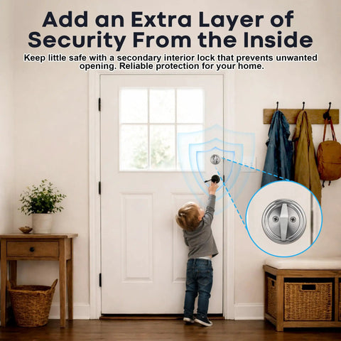 Image of a child reaching for a keyless deadbolt lock with double plate and satin nickel protecting patios and doors.