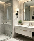 KSANA Modern Black Wall Scone Lighting Indoor with White Fabric Shade mounted in a stylish bathroom setting.
