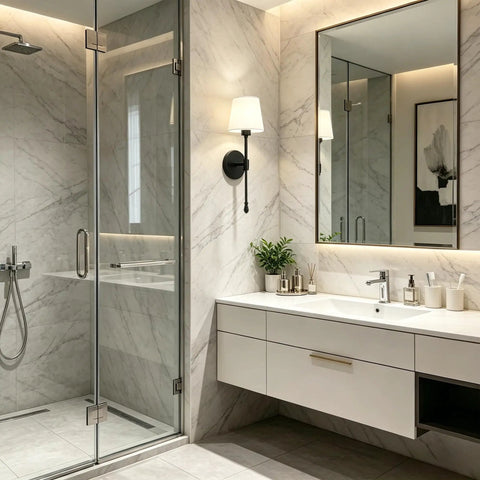 KSANA Modern Black Wall Scone Lighting Indoor with White Fabric Shade mounted in a stylish bathroom setting.