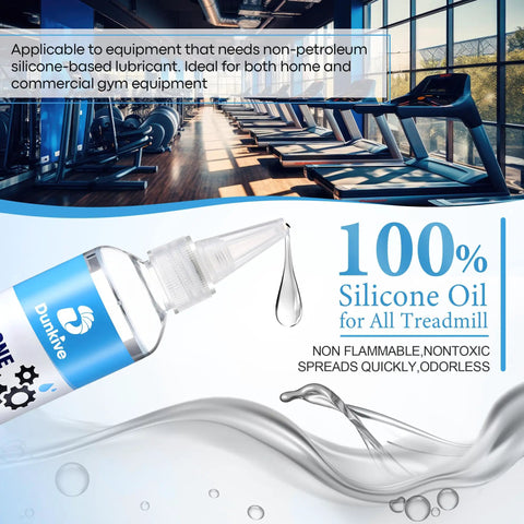 Olive bottle of 120ml Pure Silicone Treadmill Belt Lubricant with gym background, text highlights non-petroleum benefits.