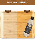 Food Grade Mineral Oil For Wood Cutting Boards And Utensils, 16 Oz Butcher Block Oil Conditioner That Keeps Bamboo Teak And Other Wood Surfaces Safe And Looking Fresh, shown on a cutting board illustrating before and after results.