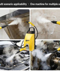 Heavy Duty Commercial Steam Cleaner High Temp Industrial Pressure Washer Kitchen Car Detailing Chemical Free Professional Cleaning Tool 2500 Watt in use on kitchen, bathroom, car engine, and machinery.