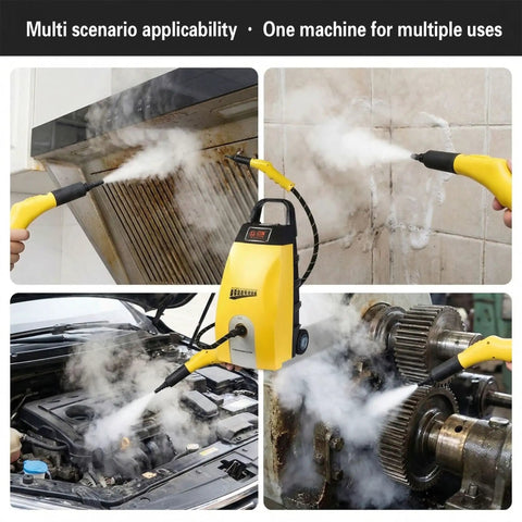 Heavy Duty Commercial Steam Cleaner High Temp Industrial Pressure Washer Kitchen Car Detailing Chemical Free Professional Cleaning Tool 2500 Watt in use on kitchen, bathroom, car engine, and machinery.