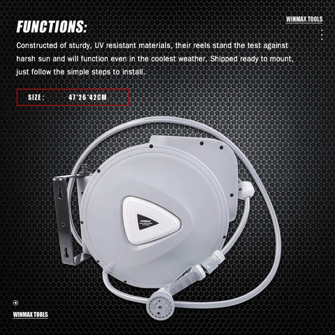 Retractable Garden Hose Reel With Wall Mount Auto Rewind System, displayed with hose details and mounting bracket