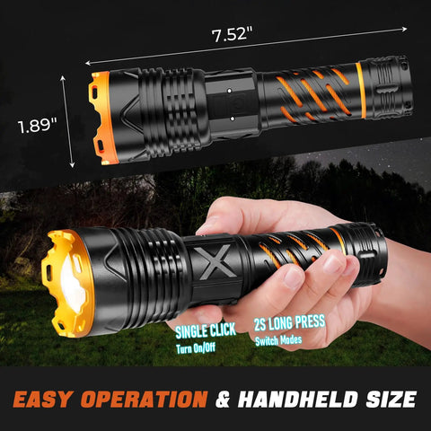 Beast Mode Ultra Bright LED Flashlight 100000 Lumens Rechargeable 50W Beam size and operation features