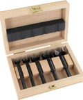 Top Shelf Five Piece Forstner Drill Bit Set With 15 mm Through 35 mm Hole Cutters in wooden box, tough steel build, precision rotary cutters.