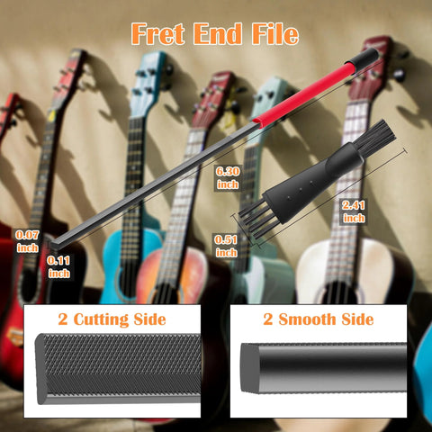 Front view of a Fret End Dressing File for guitars, double-sided cutting and smoothing file with red handle and brush