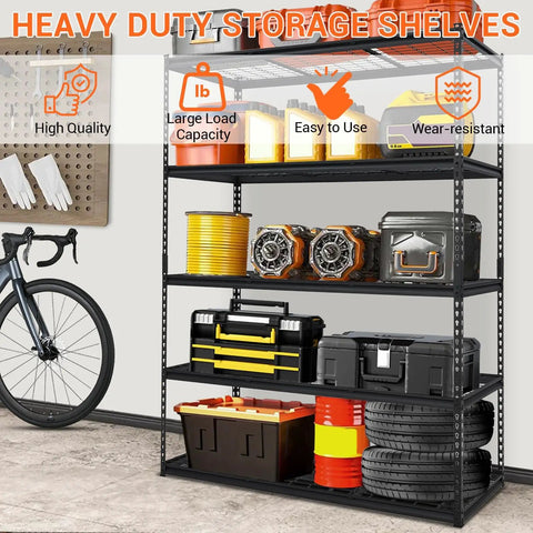 Heavy Duty 5 Tier Garage Shelving Unit With 2500 Lbs Capacity, 60 In L By 24 In D By 78 In H Metal Utility Storage Rack For Garage, Basement, And Workshop Organization, Built To Haul Tools, Bulk Supplies, And Seasonal Gear. Black metal 5-tier storage rack in garage