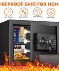 Open compact fireproof safe box for home with digital keypad and key lock, showing storage space for valuables; anti-theft design