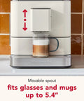 Fully Automatic Espresso Machine With Built In Grinder And Easy Access Bean Hopper, 15 One Touch Recipes For Bold Shots, Creamy Lattes, And Smooth Americano, Porcelain White Coffee Maker showcasing movable spout for various glass sizes.