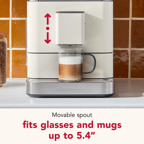Fully Automatic Espresso Machine With Built In Grinder And Easy Access Bean Hopper, 15 One Touch Recipes For Bold Shots, Creamy Lattes, And Smooth Americano, Porcelain White Coffee Maker showcasing movable spout for various glass sizes.