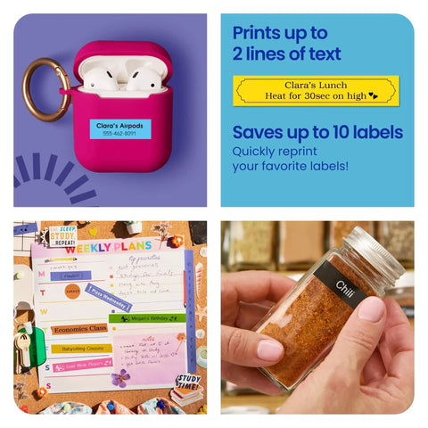 Straight Up Game Changer Bluetooth Portable Handheld Label Maker Includes Three Half Inch Label Tape Rolls For Seriously Organized Home And Office Vibes, labels on AirPods and spice jar.