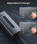 Level 2 Electric Vehicle Charger 40 Amp 9.6 Kw J1772 Connector displaying adjustable amperage settings and charging indicators.