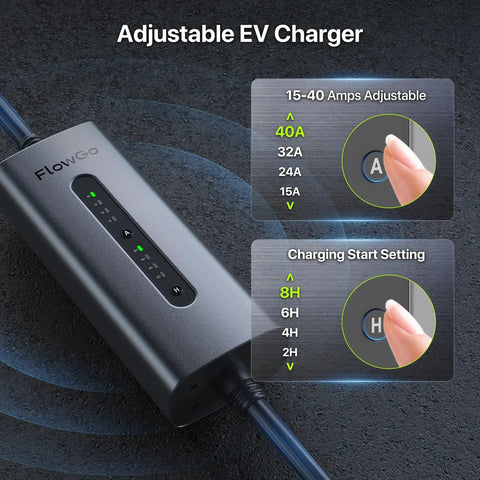 Level 2 Electric Vehicle Charger 40 Amp 9.6 Kw J1772 Connector displaying adjustable amperage settings and charging indicators.