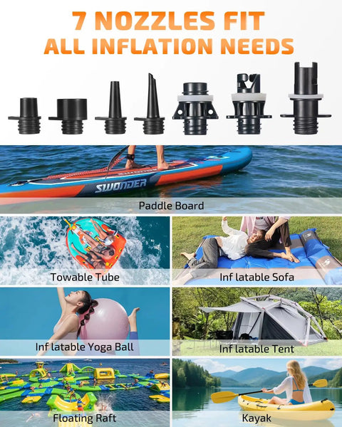 Seven nozzles for High Pressure Digital Electric Air Pump for SUP Kayak Tent with Auto Off and Dual Stage Inflation use