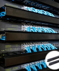 Network cables organized in a data center using Two Pack 1U 19 Inch Cable Manager For Network Cabinets, 24 Slot Horizontal Wire Organizer, Black.