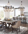 Natural Boho 28 Inch Chandelier With Wooden Bead Tassels And Rust Iron Black Wagon Wheel Frame in farmhouse kitchen dining area