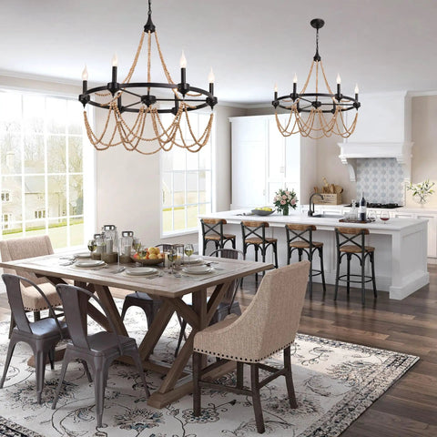 Natural Boho 28 Inch Chandelier With Wooden Bead Tassels And Rust Iron Black Wagon Wheel Frame in farmhouse kitchen dining area