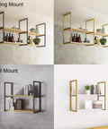 Hella Sturdy Badass Heavy Duty Floating Shelf Brackets in black and gold, showcasing wall and ceiling mounts for kitchens and bars.