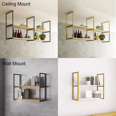 Hella Sturdy Badass Heavy Duty Floating Shelf Brackets in black and gold, showcasing wall and ceiling mounts for kitchens and bars.