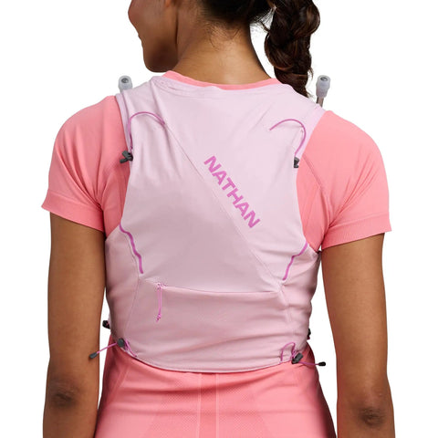 Rear view of Pinnacle Pro 6L Women's Hydration Vest With Second Skin Fit In Light Pink Fuchsia showing design and fit