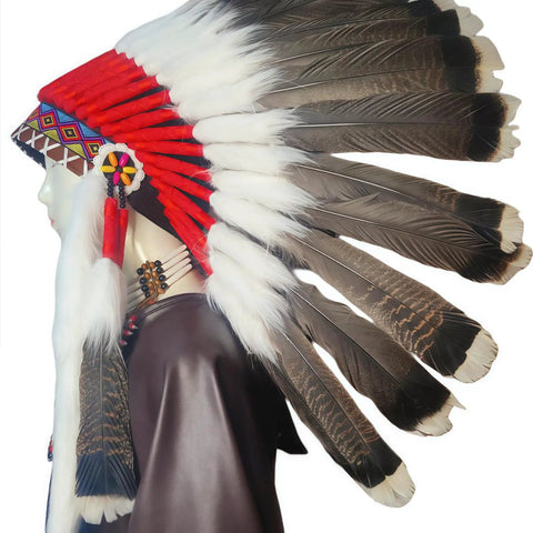 Side view of a feather headdress with Natural Turkey Tail Feathers 12 Pack Long 8 To 10 Inches Bulk Feathers For Crafts