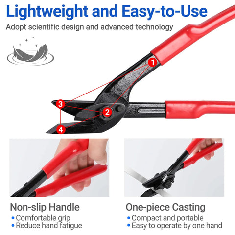 Heavy Duty 12 Inch Strapping Cutter With Wide Blade, Chrome Vanadium Steel Banding Shears showing ergonomic red grips for easy use.
