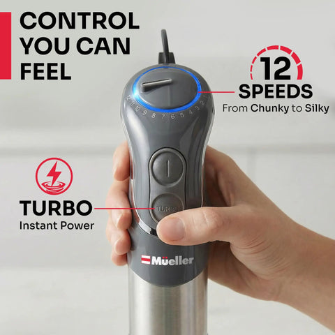 Person adjusting control knob on Boss 5 In 1 Immersion Hand Blender Set With 800W Copper Motor And Titanium Reinforced Blades 12 Speed Turbo