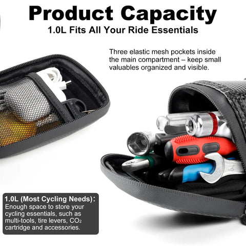 Waterproof Bicycle Seat Bag Under Seat Storage For Bike Rides Large Capacity Wedge Saddle Bag showing open pockets and tools