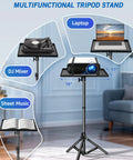 Beefy 56 Inch Height Adjustable Projector Stand Tripod With 16 By 11 Inch Tray showing uses for laptop, DJ mixer, sheet music