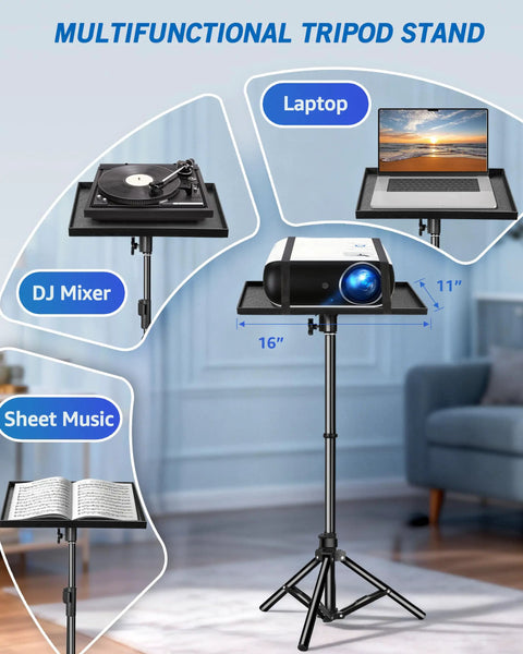 Beefy 56 Inch Height Adjustable Projector Stand Tripod With 16 By 11 Inch Tray showing uses for laptop, DJ mixer, sheet music